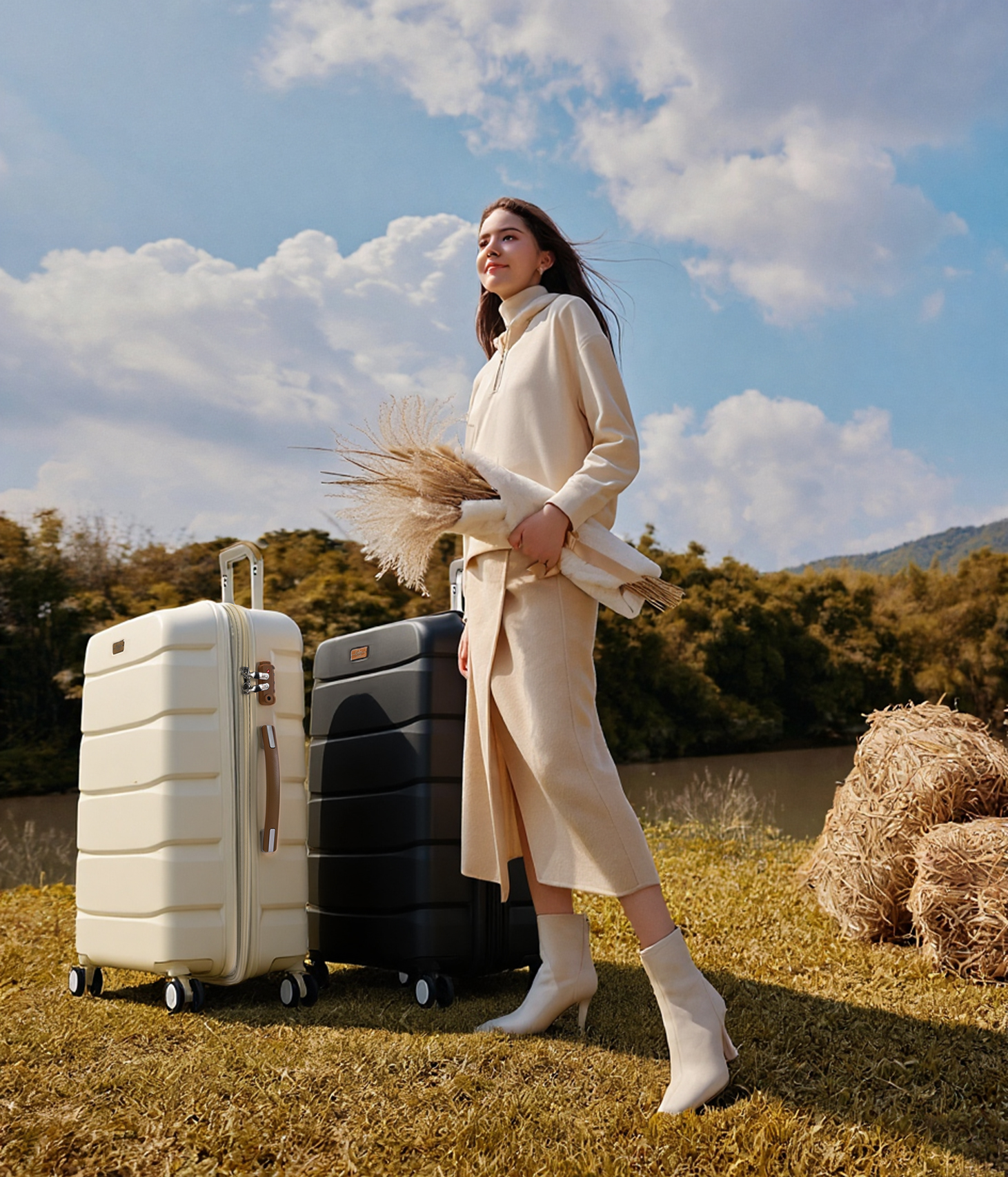 Goby cream and black luggage in an outdoor travel setting